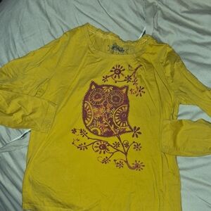 Sahalie Mustard Yellow Long Sleeve Tee with Owl Design